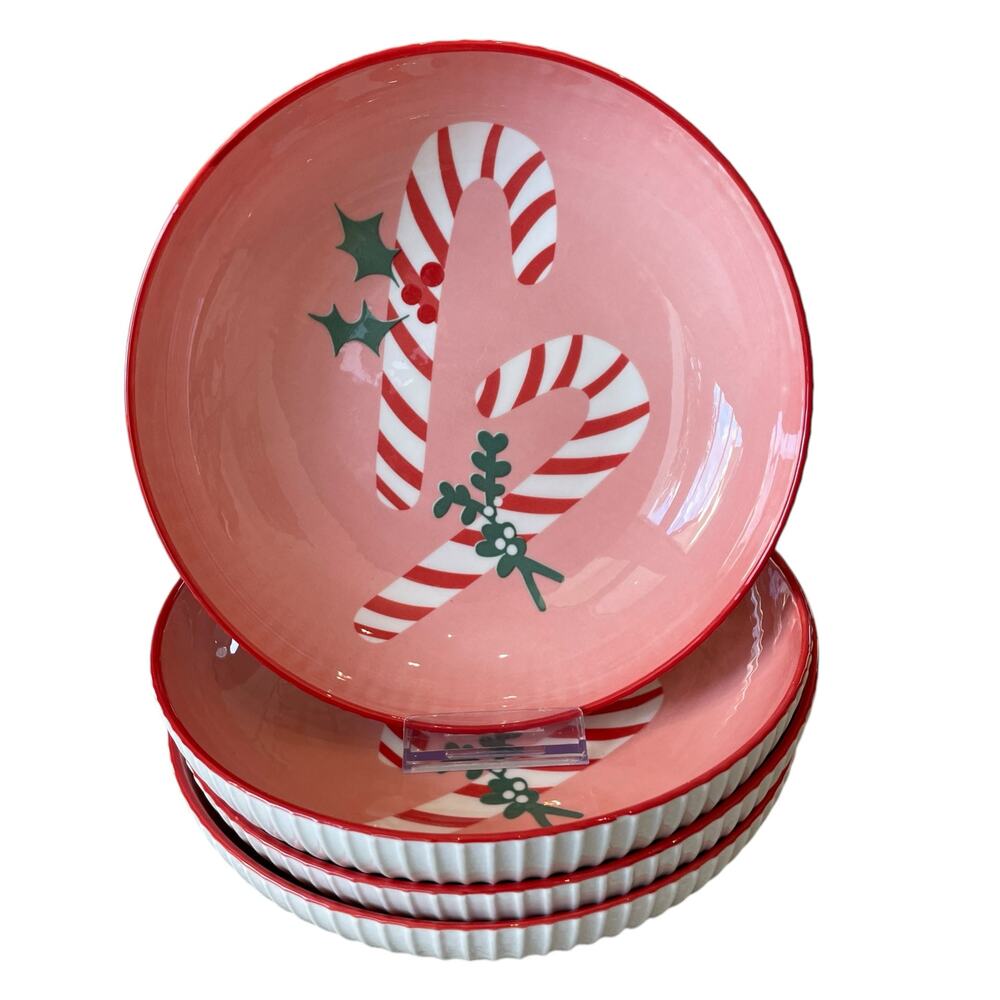 Christmas Candy Cane Dinner Bowl Set of 4 Ceramic Pink Red PrimaDesign Holiday